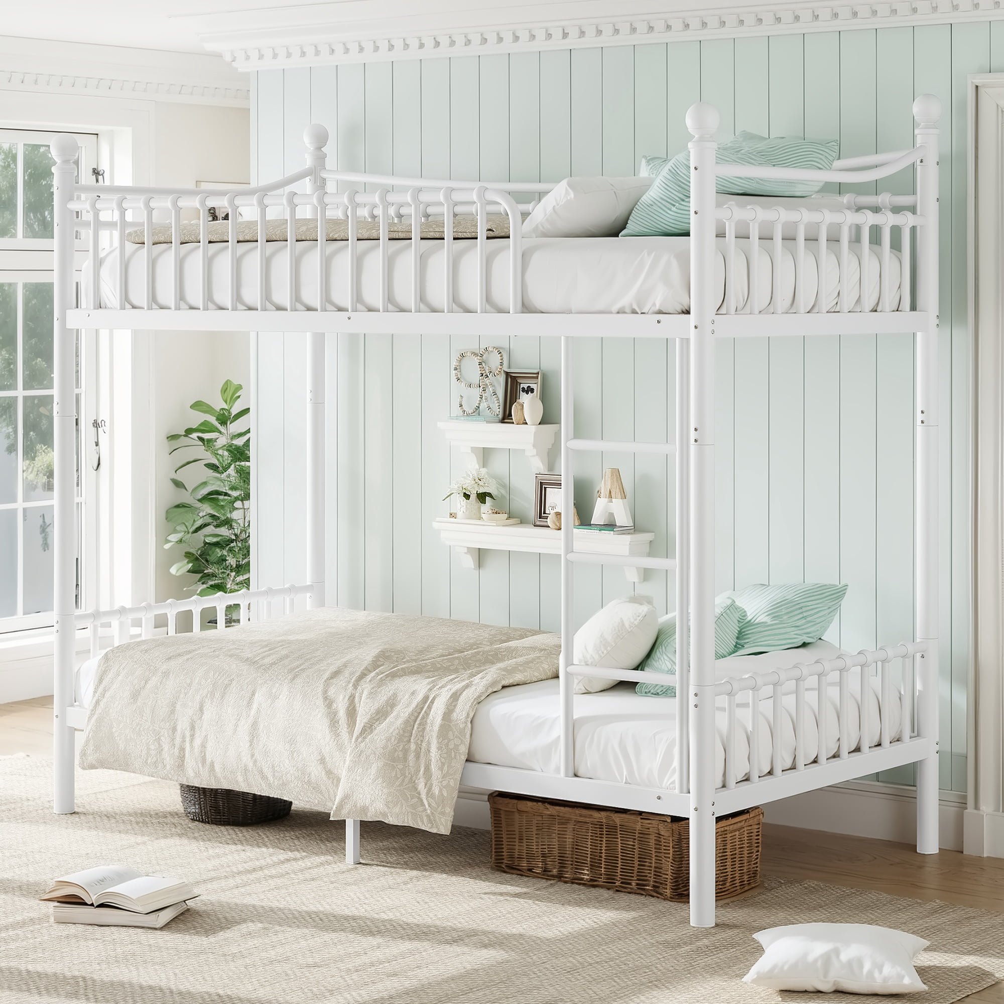 Twin XL Over Twin XL Metal Bunk Bed 87.8 Inch, Curved Guardrail Round Tube Frame for Kids Teens Adults, No Box Spring Needed, White
