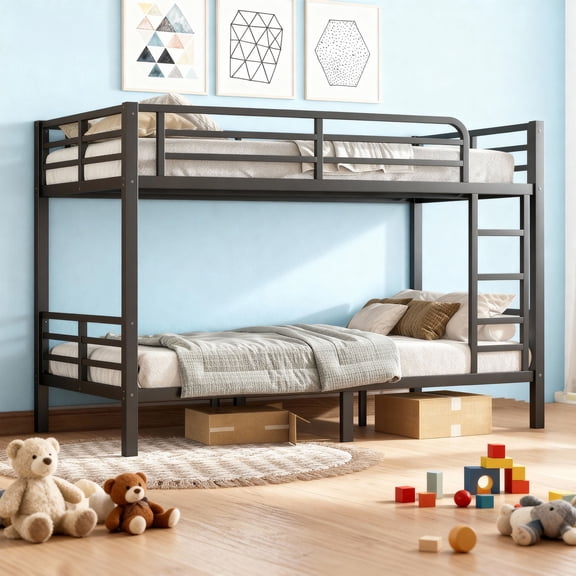 Firscook Twin XL Over Twin XL Bunk Bed with Under-Bed Storage, Guardrails & Easy Assembly,Black