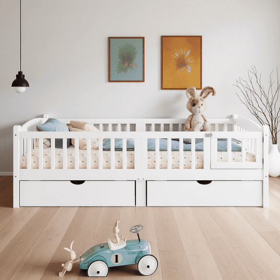 Twin XL Platform Bed with Full-length Guardrails and Storage Drawers, Platform Bed with Slat Support, No Box Spring Needed, White