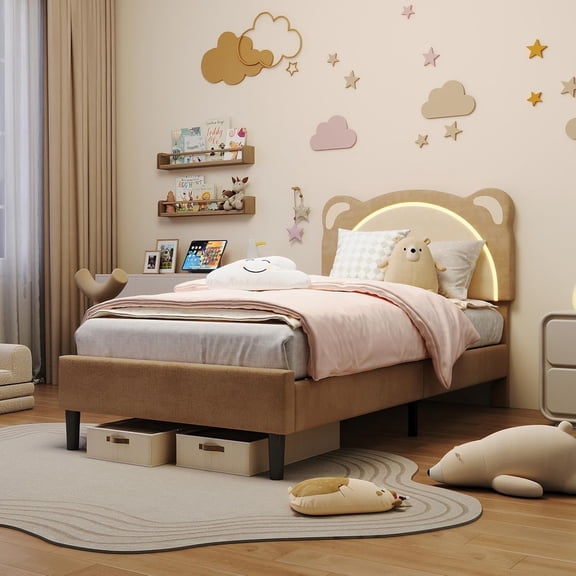Twin XL Princess Bed Frame with LED Lights & 6.3-inch Space Beneath Bed, Velvet Upholstered Headboard Platform Bed -App & Remote Control, Wood Slat Support, No Box Spring(Twin XL /Coffee)