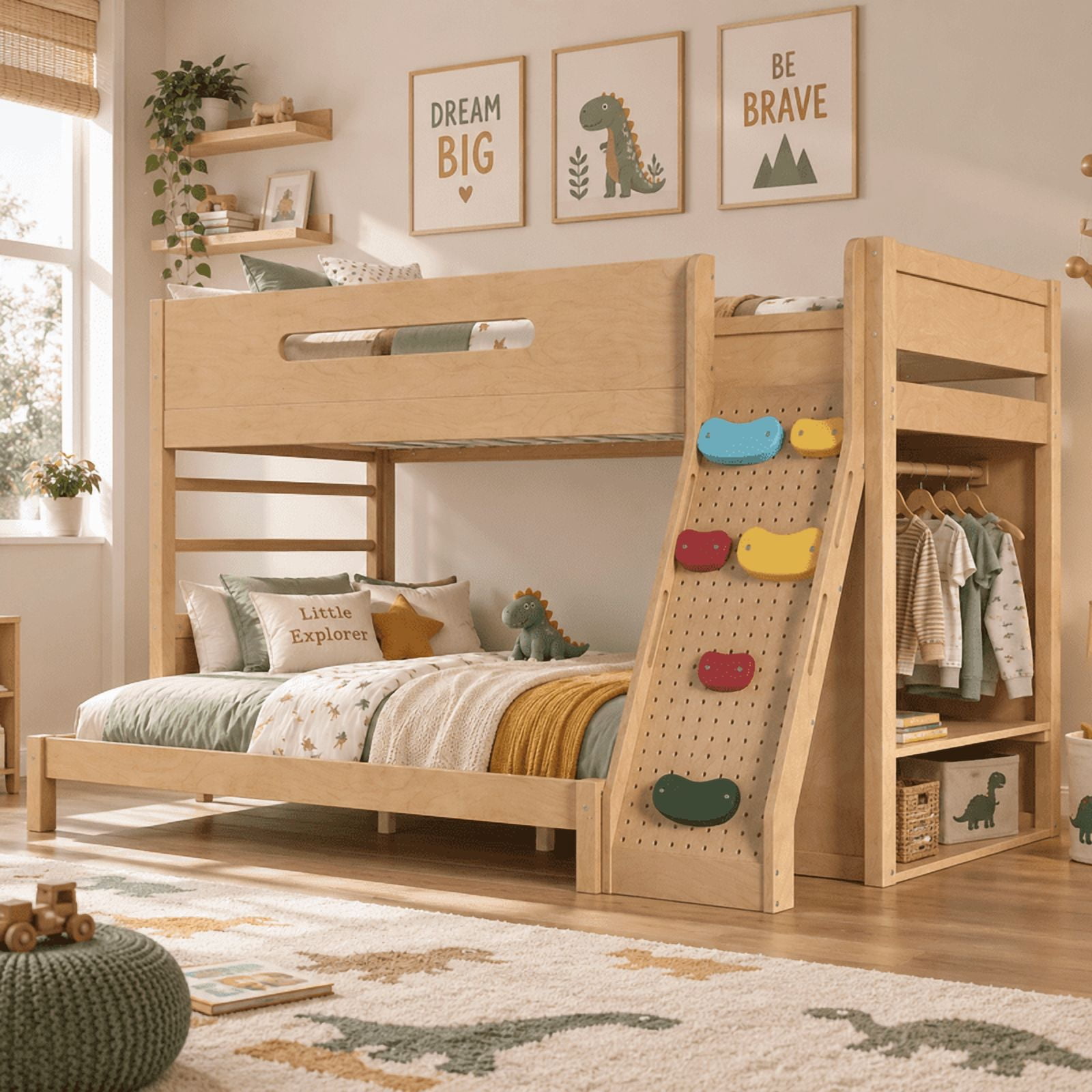 Twin XL Over Queen Bunk Bed with Built-In Wardrobe & Storage, Solid Wood Kids Bunk Bed with Guardrails, Rock Climbing Wall & Upgraded Slats, No Box Spring Needed