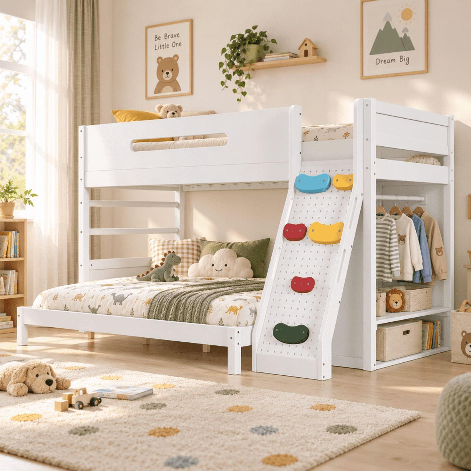 Twin XL Over Queen Bunk Bed with Built-In Wardrobe & Storage, Solid Wood Kids Bunk Bed with Guardrails, Rock Climbing Wall & Upgraded Slats, No Box Spring Needed