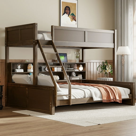 Twin XL over Queen Bunk Bed with Charging Station, Solid Fir Wood Bunkbeds with Storage Cabinets and Safety Guard Rails, No Box Spring Needed, Space-Saving Design, Antique Wood