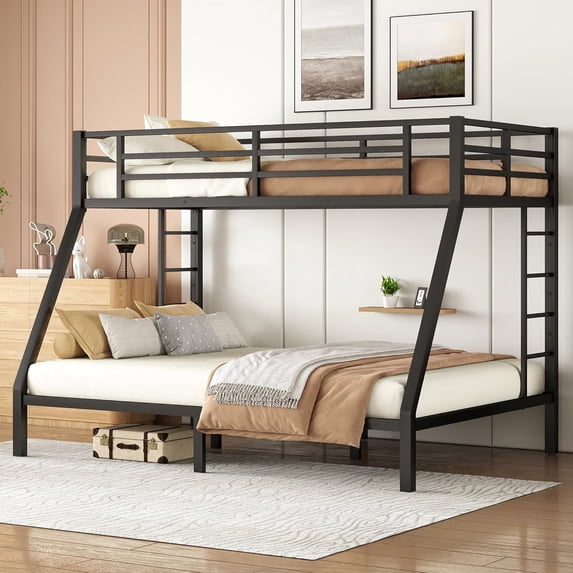 Twin XL Over Queen Bunk Bed Frame, Heavy Duty Metal Bunk Beds with with 2 Side Ladders, Industrial Style Bunk Bed Twin XL Over Queen for Teen Adults-Black