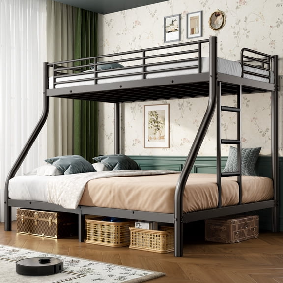 Twin XL over Queen Bunk Bed Frame, Metal Steel Bunk Beds with Ladder and Full-Length Guardrails, Heavy Duty Space Saving Bedroom Bed for Teens Adults, Black