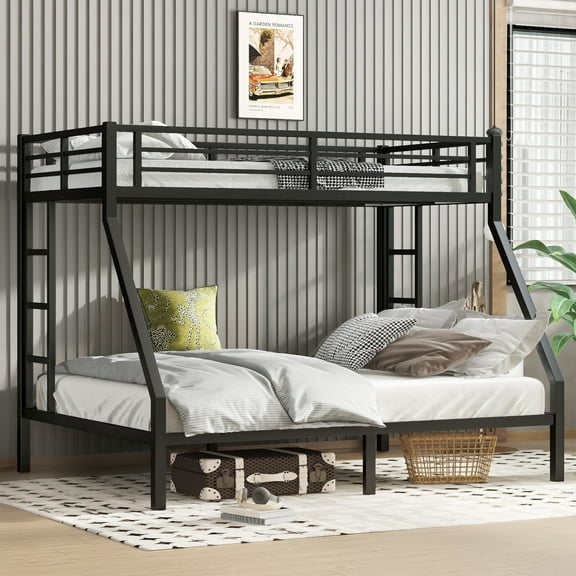 Twin XL Over Queen Bunk Bed, Heavy Duty Metal Bunk Beds with Double-sided Ladders and Safety Guardrails, Space-Saving Bunk Beds Frame for Adults, Teens, Black