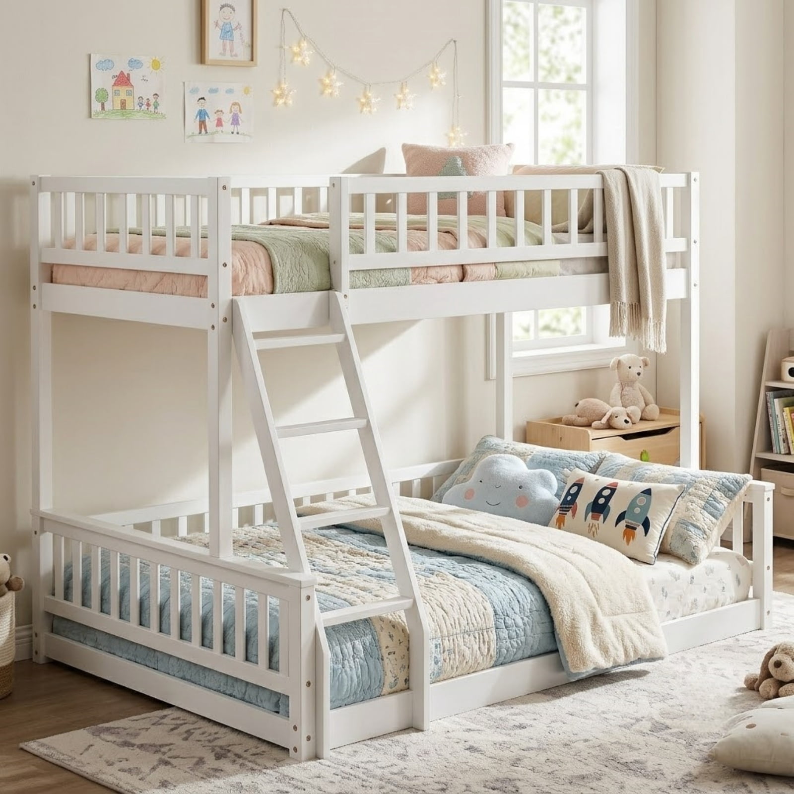 Twin XL Over Queen Bunk Bed for Kids Bedroom,Solid Wood Convertible Bedframe w/Ladder & Safety Guardrails,Detachable Bunk Bed for Teens, No Box Spring Needed