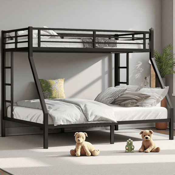 Twin XL over Queen Bunk Bed, Metal Space Saving Bunk Bed for Teens Adults, Noise Reduced Heavy Duty Metal Frame, No Box Spring Needed, with Safety Guardrails and Ladders, Black