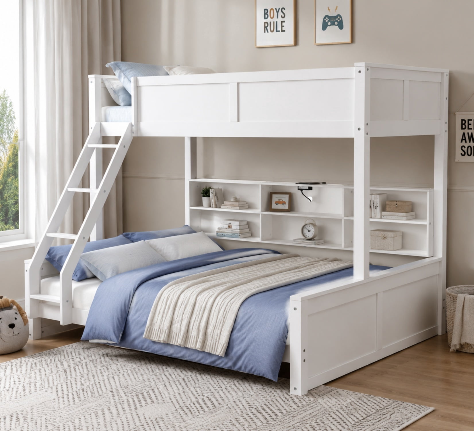 Twin XL over Queen Bunk Bed, Solid Pine Wood Bunk Bed with Built-in Storage Cabinets, Charging Station, Ladder,Safety Guardrails, No squeaking for Teens & Adults