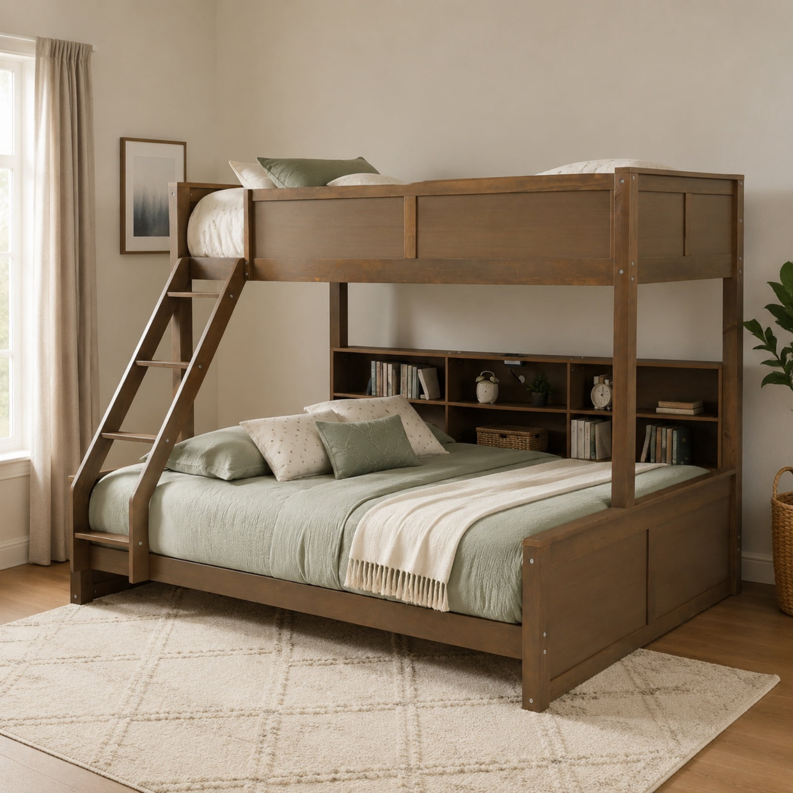Twin XL over Queen Bunk Bed, Solid Pine Wood Bunk Bed with Built-in Storage Cabinets, Charging Station, Ladder,Safety Guardrails, No squeaking for Teens & Adults