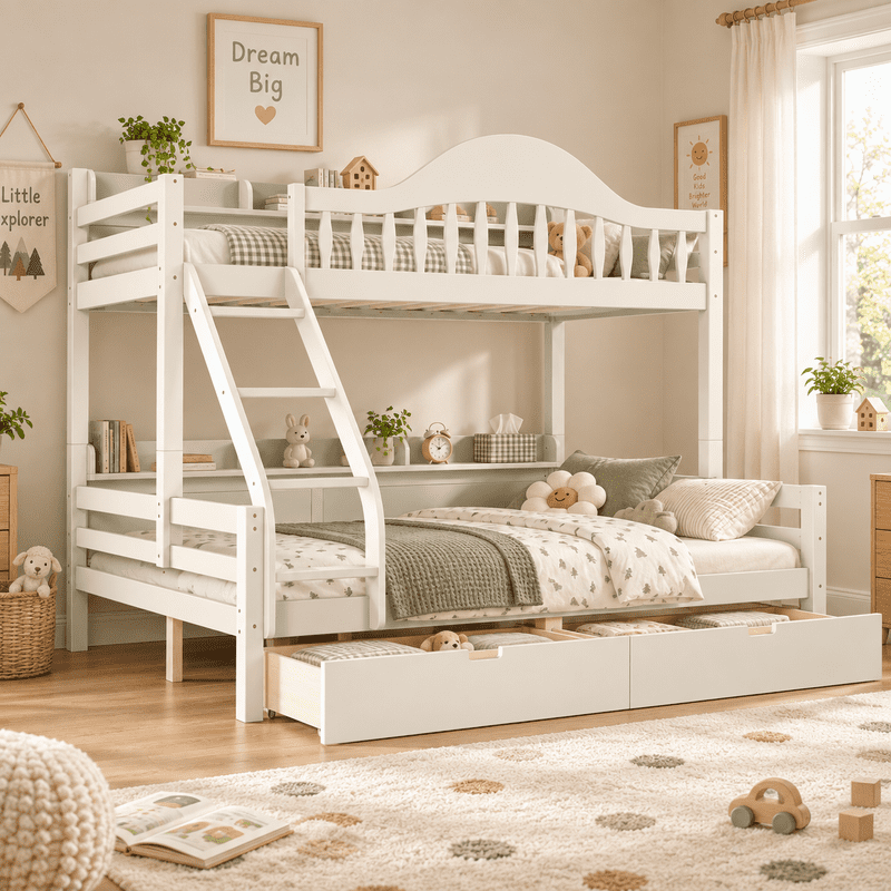Twin XL Over Queen Bunk Bed with Storage Drawers, Solid Wood Bunk Bed Frame with Curved Guardrails, Side Storage Shelves and Ladder, No Box Spring Needed