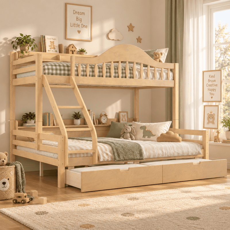 Twin XL Over Queen Bunk Bed with Storage Drawers, Solid Wood Bunk Bed Frame with Curved Guardrails, Side Storage Shelves and Ladder, No Box Spring Needed