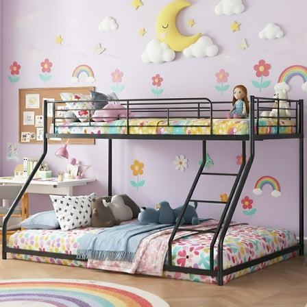 Twin XL Over Queen Bunk Beds, Heavy Duty Bunk Beds for Teens, Floor Bunk Bed Frame with Safety Guardrail & Ladder, No Box Spring Needed, Black