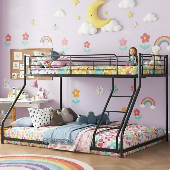 Twin XL Over Queen Bunk Beds, Heavy Duty Bunk Beds for Teens, Floor Bunk Bed Frame with Safety Guardrail & Ladder, No Box Spring Needed, Black