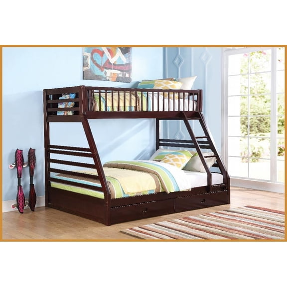 Twin XL/Queen Convertible Bunk Bed with Storage Drawers, Espresso Pine Wood Frame for Guest Room