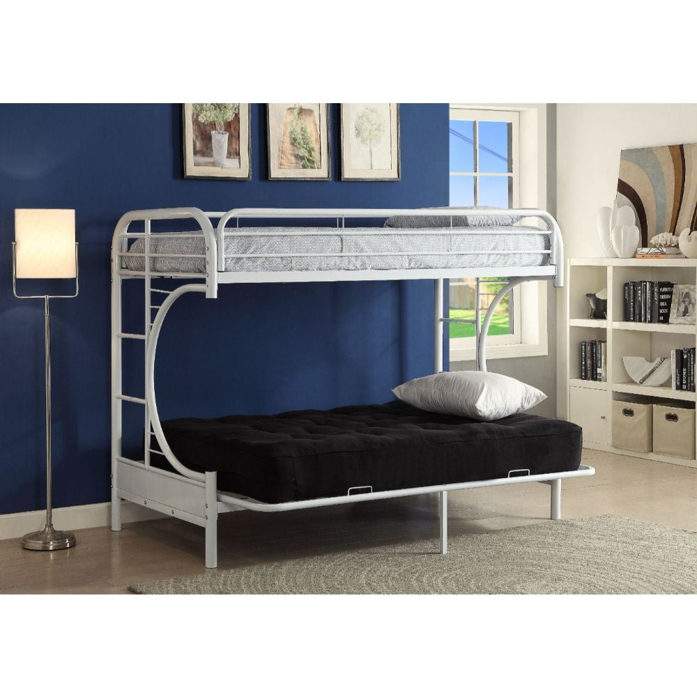Twin XL over Queen Futon Bunk Bed Metel Bunk Bed Frame with Full Length Guardrail and 2 Side Ladders Metel Daybed for Guest Room Bedroom 20 Slats Support No Box Spring Needed White