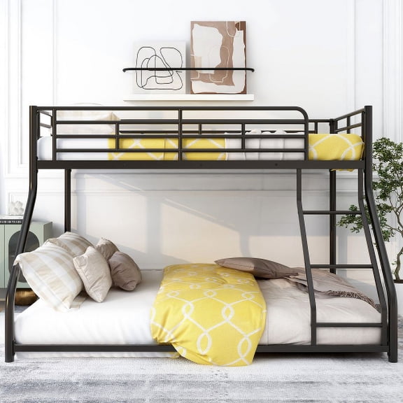 Twin XL over Queen Metal Floor Bunk Bed, Space-Saving Low-Profile Design with Sloping Stairs, Heavy-Duty Steel Frame, No Box Spring Needed, for Bedroom, Guest Room, Dorm, Black