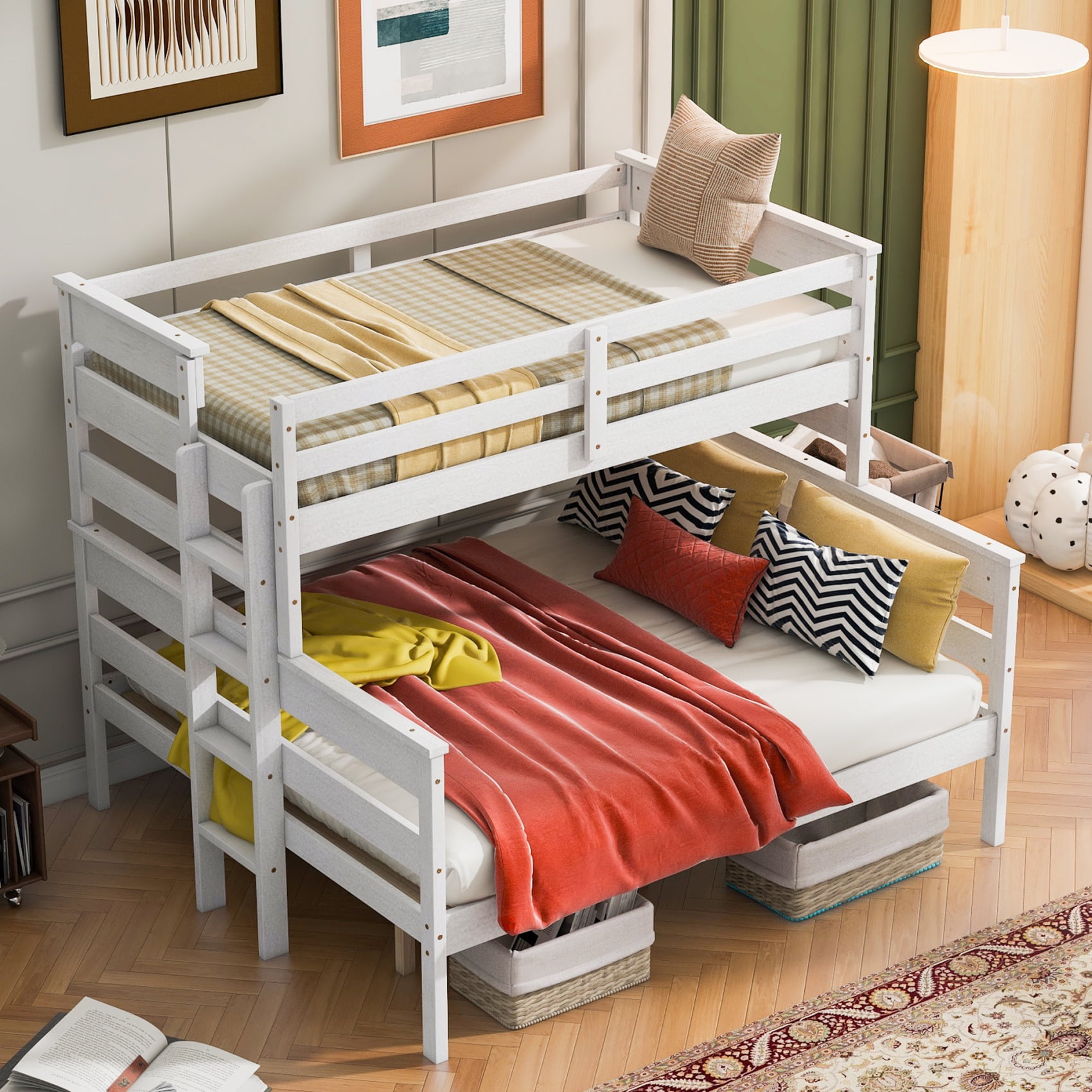 Solid Wood Twin XL Over Queen Bunk Bed with Ladder Safety Guard Rails and No Box Spring Required Easy Assembly White