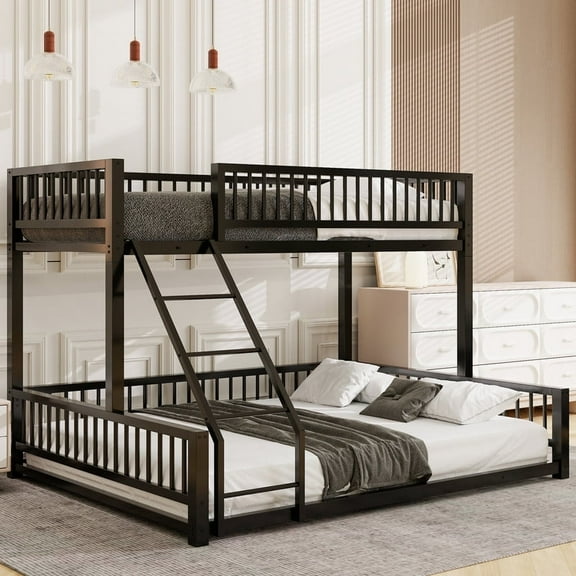 Twin XL over Queen Size Floor Bunk Bed Convertible into 2 Floor Beds Metal Bunk Bed Frame with Fence Guardrails Queen Bunk Bed for Teens, Adult (Black)