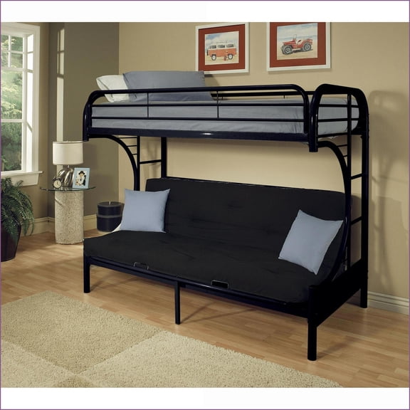 Twin XL/Queen Size Metal Futon Bunk Bed with LED Headboard & Upholstered Futon, Eclipse Black for Bedrooms/Guest Rooms