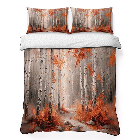 Twin XL Quilt Bedding Set Abstract Autumn Birch Forest Trees Lightweight Summer Quilted Coverlet for Hot Sleepers, Nature Oil Painting Style Breathable Soft Blanket with 2 Pillow Shams for All Season