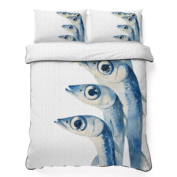 Twin XL Quilt Bedding Set Abstract Blue Ocean Fish Lightweight Summer Quilted Coverlet for Hot Sleepers, Watercolor Marine Life Breathable Soft Cooling Blanket with 2 Pillow Shams for All Season