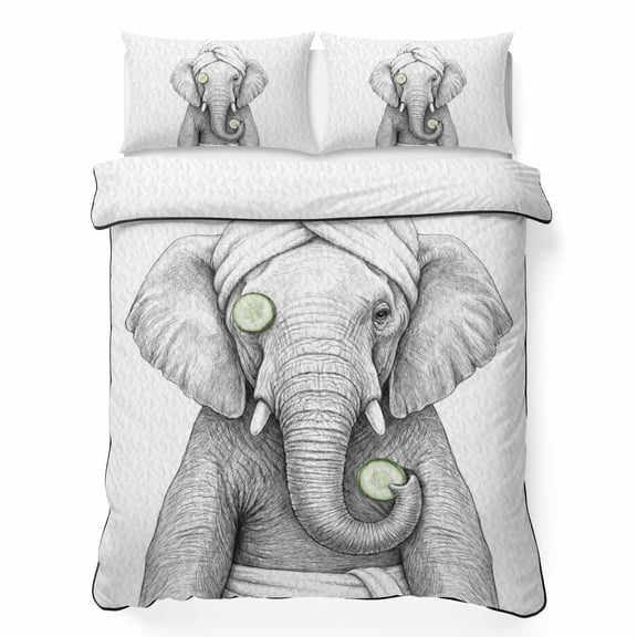 Twin XL Quilt Bedding Set Abstract Elephant Cucumber SPA Lightweight Summer Quilted Coverlet for Hot Sleepers, Funny Animal Shower Art Breathable Soft Blanket with 2 Pillow Shams for All Season