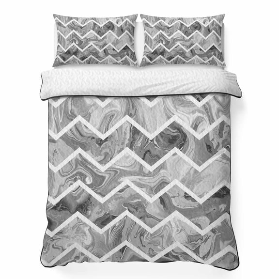 Twin XL Quilt Bedding Set Abstract Geometric Grey Stripe Zigzag Chevron Lightweight Summer Quilted Coverlet for Hot Sleepers, Modern Marble Line Breathable Soft Blanket with 2 Pillow Shams
