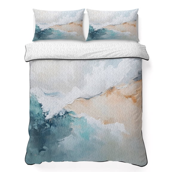 Twin XL Quilt Bedding Set, Abstract Oil Painting Art Soft Microfiber Summer Bedspread Coverlet with 2 Pillow Shams, Modern Coastal Beach Sea Wave Breathable Bedding Set for Hot Sleepers