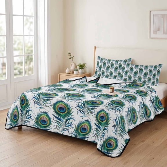 Twin XL Quilt Bedding Set, Abstract Peacock Feathers Lightweight Coverlet Summer Comforter Set Soft Microfiber Bedspread, Bohemian Green Bird 3 Piece Quilt Set with 2 Pillow Shams All Seasons Use