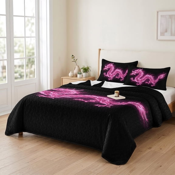 Twin XL Quilt Bedding Set, Abstract Pink Flames Dragons on Black Lightweight Coverlet Summer Comforter Set Soft Microfiber Bedspread, Modern Art 3 Piece Quilt Set with 2 Pillow Shams All Seasons Use