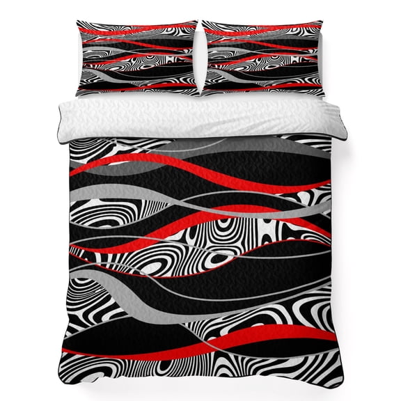 Twin XL Quilt Bedding Set, Abstract Red Black Stripe Soft Microfiber Summer Bedspread Coverlet with 2 Pillow Shams for All Season, Zebra Animal Print Texture Breathable Bedding Set for Hot Sleepers