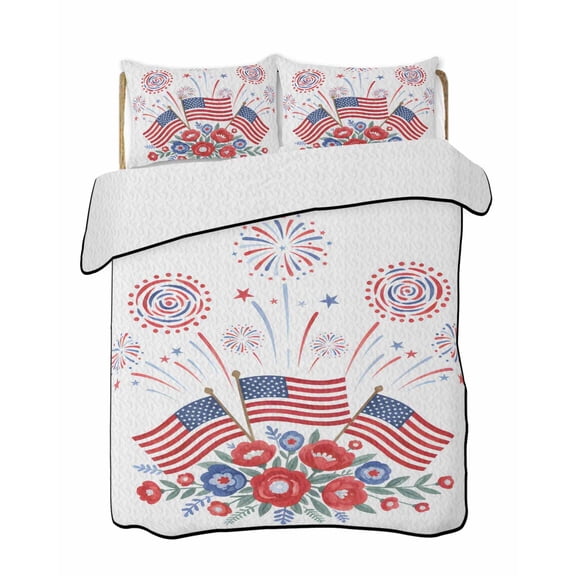 Twin XL Quilt Bedding Set, American Flag Floral Reversible Summer Quilt 3 Pieces, Firework Independence Day Lightweight Bedspreads Coverlets with 2 Pillow Shams for All Seasons