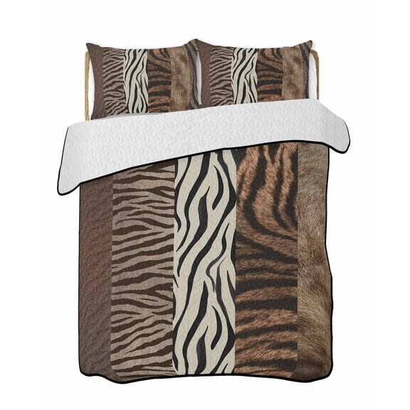 Twin XL Quilt Bedding Set, Animals Printed Striped Reversible Summer Quilt 3 Pieces, Rustic Country Zebra Textured Lightweight Bedspreads Coverlets with 2 Pillow Shams for All Seasons