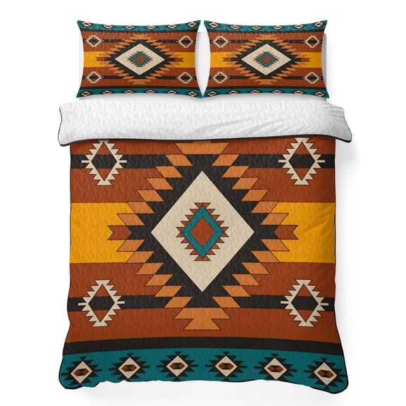 Twin XL Quilt Bedding Set, Aztec Tribe Ethnic Style Soft Microfiber Summer Bedspread Coverlet with 2 Pillow Shams for All Season, Brown Color Block Breathable Bedding Set for Hot Sleepers