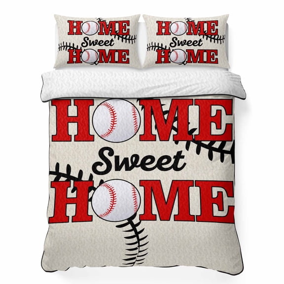 Twin XL Quilt Bedding Set Baseball Texture Sweet Home Text Lightweight Summer Quilted Coverlet for Hot Sleepers, Black Stripe on Beige Breathable Soft Blanket with 2 Pillow Shams for All Season