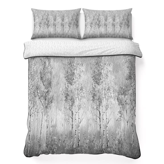 Twin XL Quilt Bedding Set, Birch Tree Grey Gradient Soft Microfiber Summer Bedspread Coverlet with 2 Pillow Shams for All Season, Vintage Oil Painting Art Breathable Bedding Set for Hot Sleepers