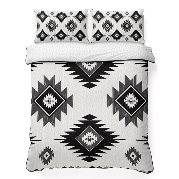 Twin XL Quilt Bedding Set Black Aztec Ethnic Style Lightweight Summer Quilted Coverlet for Hot Sleepers, Retro Color Block Breathable Soft Cooling Blanket with 2 Pillow Shams for All Season