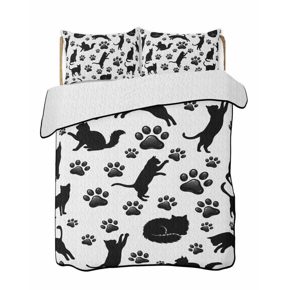 Twin XL Quilt Bedding Set, Black Cat Reversible Summer Quilt 3 Pieces, Cat Paw Cute Silhouette Lightweight Bedspreads Coverlets with 2 Pillow Shams for All Seasons