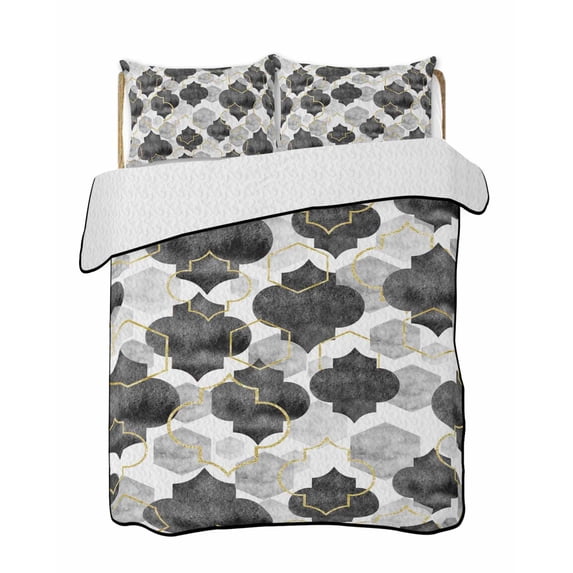 Twin XL Quilt Bedding Set, Black Geometric Moroccan Reversible Summer Quilt 3 Pieces, Abstract Art Grey Ombre Modern Lightweight Bedspreads Coverlets with 2 Pillow Shams for All Seasons