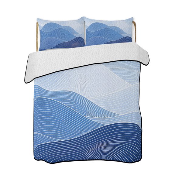 Twin XL Quilt Bedding Set, Blue Mountain Reversible Summer Quilt 3 Pieces, Modern Abstract Ombre Natural Scenery Lightweight Bedspreads Coverlets with 2 Pillow Shams for All Seasons