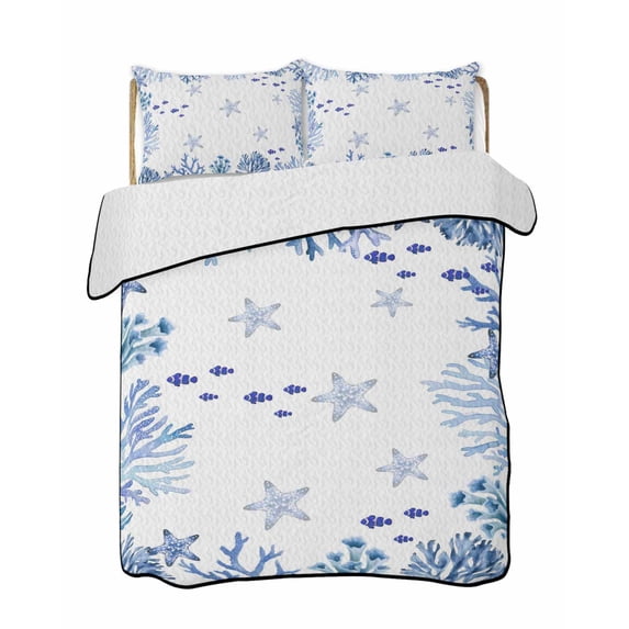 Twin XL Quilt Bedding Set, Blue Ocean Corals Reversible Summer Quilt 3 Pieces, Nautical Coastal Starfish Marine Life Summer Lightweight Bedspreads Coverlets with 2 Pillow Shams for All Seasons