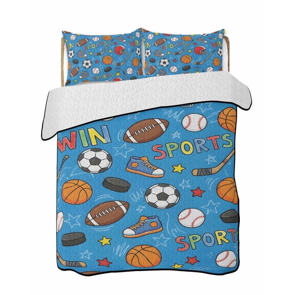 Twin XL Quilt Bedding Set, Blue Sports Reversible Summer Quilt 3 Pieces, Football Basketball Rugby Baseball Lightweight Bedspreads Coverlets with 2 Pillow Shams for All Seasons