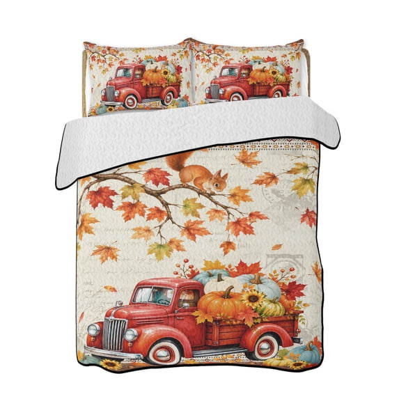 Twin XL Quilt Bedding Set, Boho Fall Red Truck Reversible Summer Quilt 3 Pieces, Thanksgiving Autumn Harvest Pumpkins Lightweight Bedspreads Coverlets with 2 Pillow Shams for All Seasons