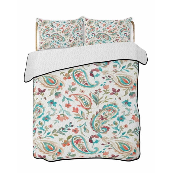 Twin XL Quilt Bedding Set, Boho Flower Reversible Summer Quilt 3 Pieces, Spring Watercolor Paisley Floral Leaf Plant Lightweight Bedspreads Coverlets with 2 Pillow Shams for All Seasons