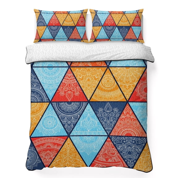 Twin XL Quilt Bedding Set Boho Triangle Color Block Lightweight Summer Quilted Coverlet for Hot Sleepers, Abstract Geometric Breathable Soft Cooling Blanket with 2 Pillow Shams for All Season