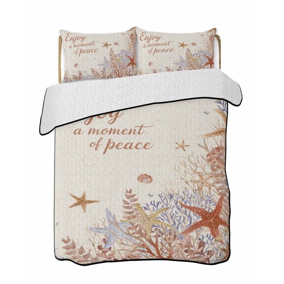 Twin XL Quilt Bedding Set, Brown Red Starfish Coastal Reversible Summer Quilt 3 Pieces, Nautical Coral Ocean Summer Lightweight Bedspreads Coverlets with 2 Pillow Shams for All Seasons