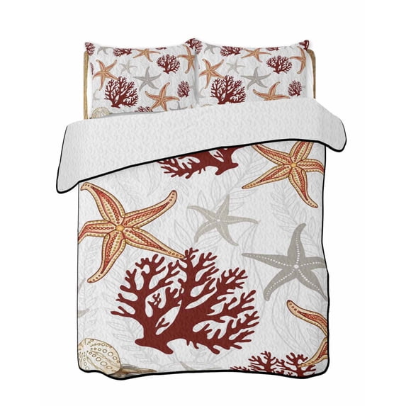Twin XL Quilt Bedding Set, Brown Starfish Coastal Reversible Summer Quilt 3 Pieces, Coral Nautical Summer Ocean Lightweight Bedspreads Coverlets with 2 Pillow Shams for All Seasons