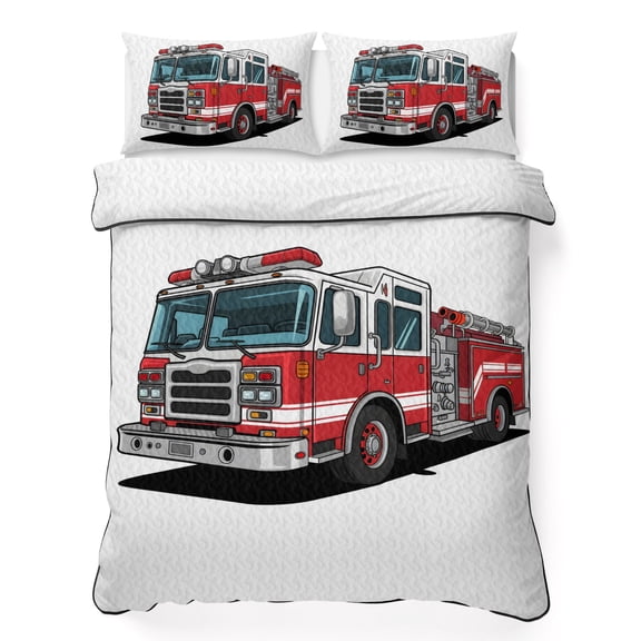 Twin XL Quilt Bedding Set, Cartoon Fire Truck Red Grey Car Soft Microfiber Summer Bedspread Coverlet with 2 Pillow Shams, Patriotic Firefighter Trucks on White Breathable Bedding Set for Hot Sleepers