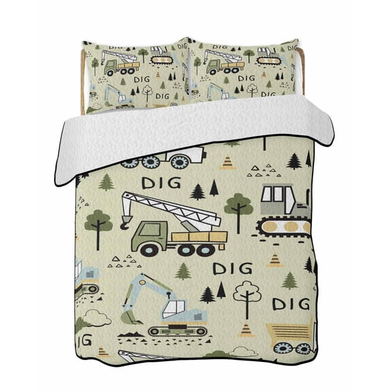 Twin XL Quilt Bedding Set, Cartoon Tractor Reversible Summer Quilt 3 Pieces, Cute Green Digger Shovel Truck Rustic Lightweight Bedspreads Coverlets with 2 Pillow Shams for All Seasons